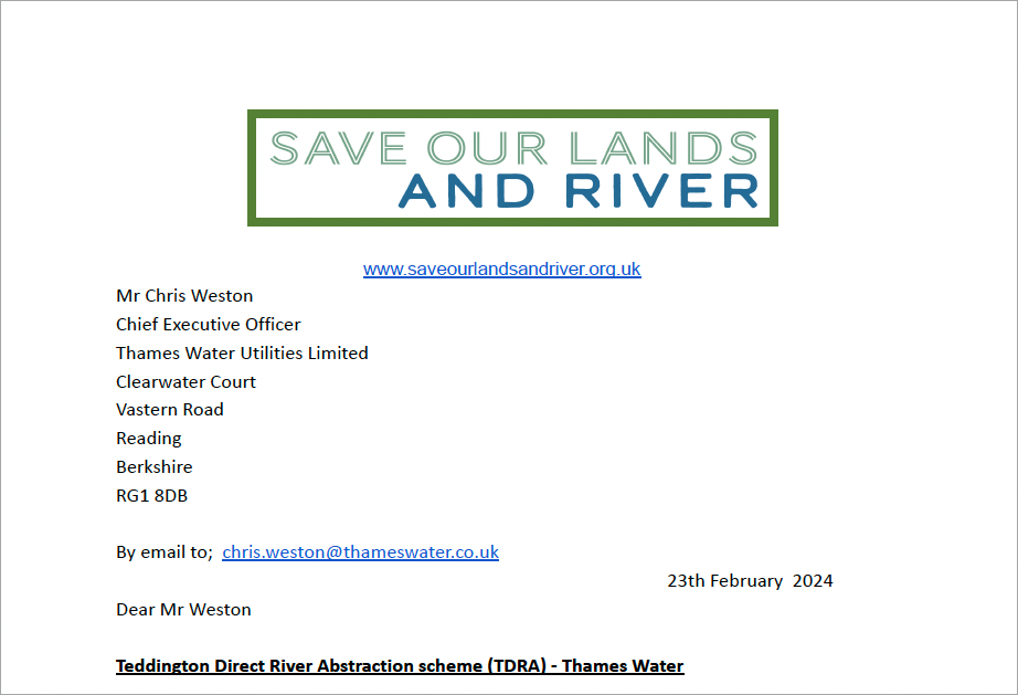 Letter from Save Our Lands and River campaign to Chris Weston, CEO of Thames Water, to request information about Best Value measurements.