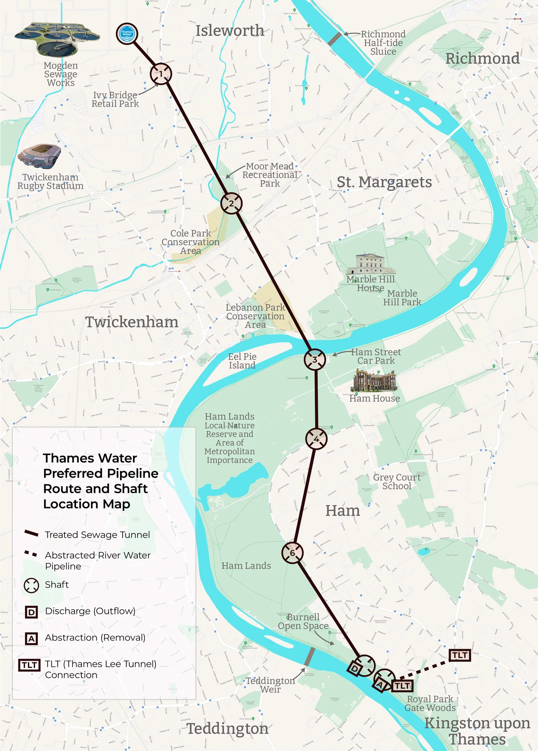 A map of Thames Water's preferred locations for the tunnel, shafts and facilities in the TDRA (Teddington Direct River Abstraction) scheme.